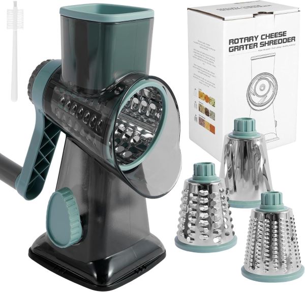 NIHUIFDPY Rotary Cheese Grater with 3 Stainless Steel Blades, Manual Vegetable Slicer & Round Drum Cheese Shredder with Strong Suction Base, Nut Chopper for Potato Zucchini Hash Browns, Grey