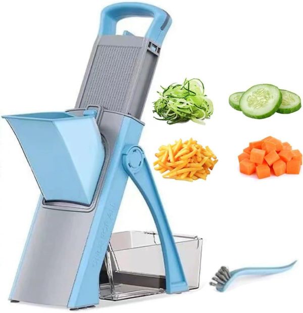 5-in-1 Mandoline Vegetable Cutter with Adjustable Blade Settings, Manual Slicer, Julienne Shredder, French Fry Cutter & Dicer with Collection Box for Kitchen Meal Prep
