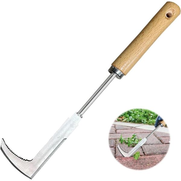 HASTHIP® Crack Weeder Tool - Crevice Weeding Tool Stainless Steel - 30CM Weed Puller Tool with Wooden Handle - Manual Grass Weeder Tool with Serrated Blade - Hand Weed Remover Tool for Lawn & Yard